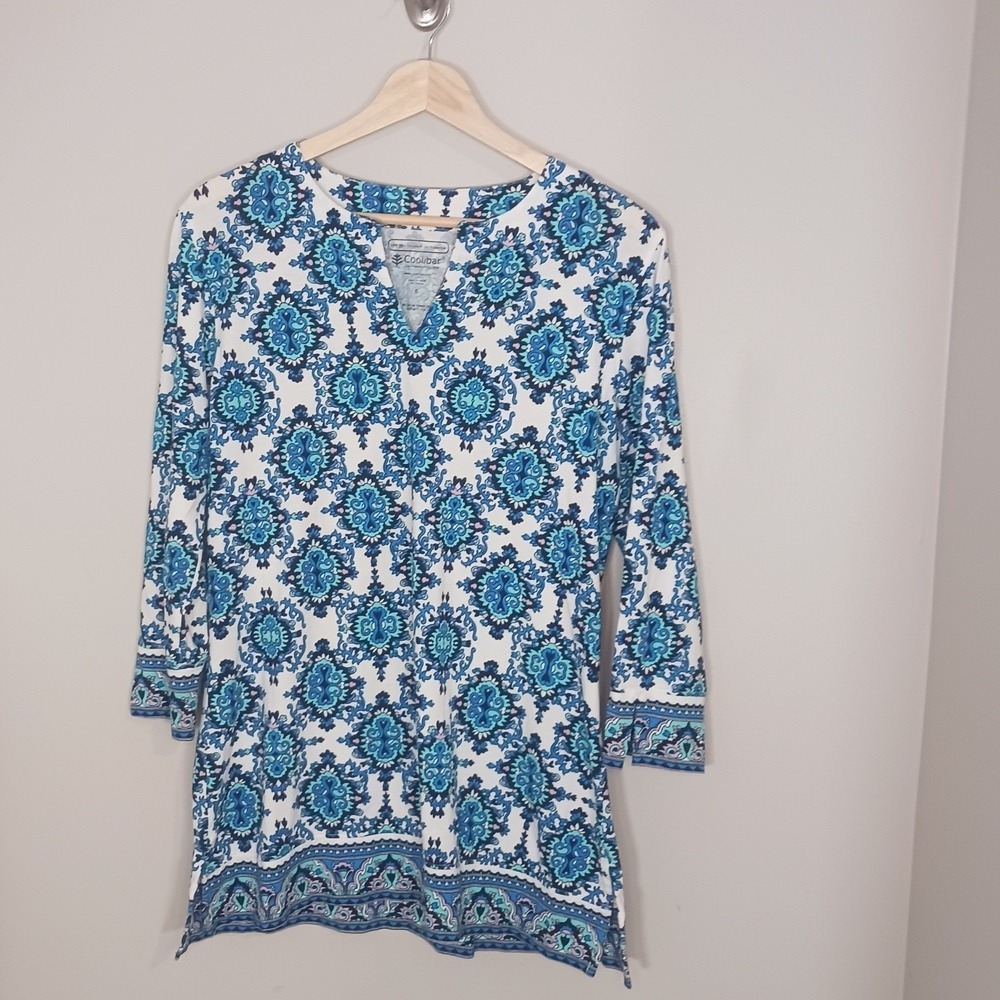 Coolibar UPF 50+ St Lucia Tunic S Blue Medallion Sun Protection Resort Top